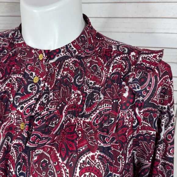 Michael Michael Kors Paisley Ruffled Button Front Blouse Red Blue Large - Picture 5 of 12